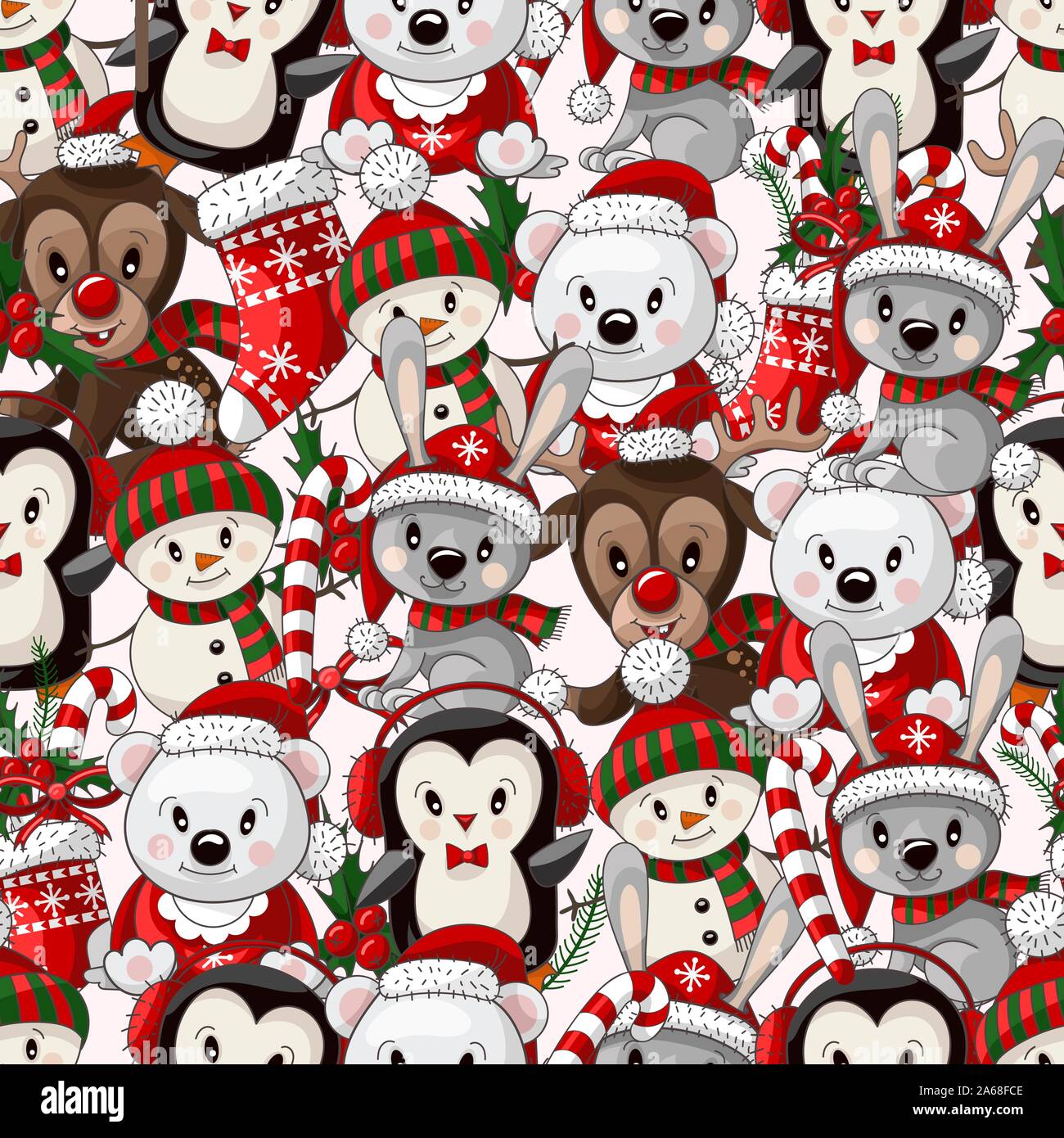 Seamless pattern with cute baby animals on Christmas wear. Vector Stock ...