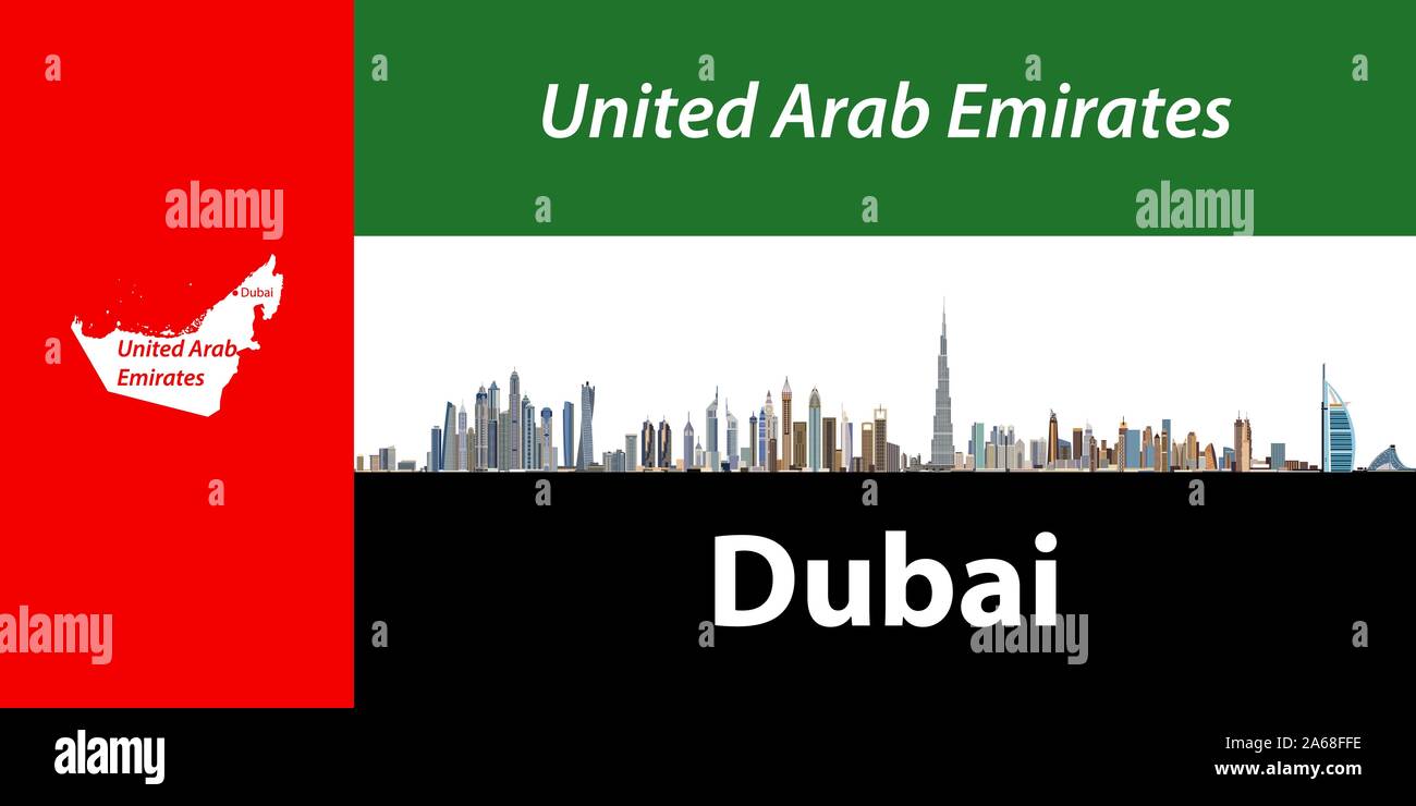 Vector illustration of Dubai city skyline with flag and map of United Arab Emirates on background Stock Vector