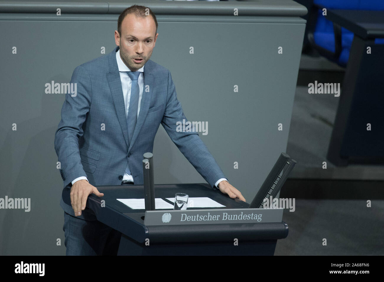 Berlin, Germany. 24th Oct, 2019. Nikolas Löbel (CDU/CSU) speaks at the plenary session of the German Bundestag. The subject is Russia's policy. Credit: Jörg Carstensen/dpa/Alamy Live News Stock Photo