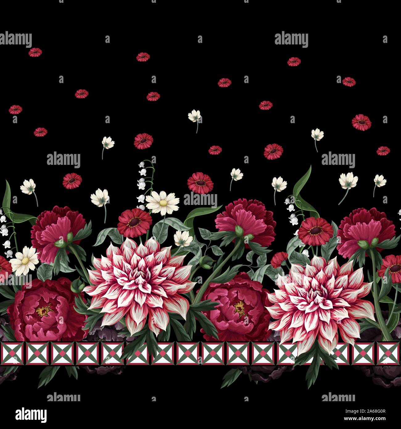 Seamless pattern with dahlia, peonies, wild flowers and geometrical elements. Vector. Stock Vector