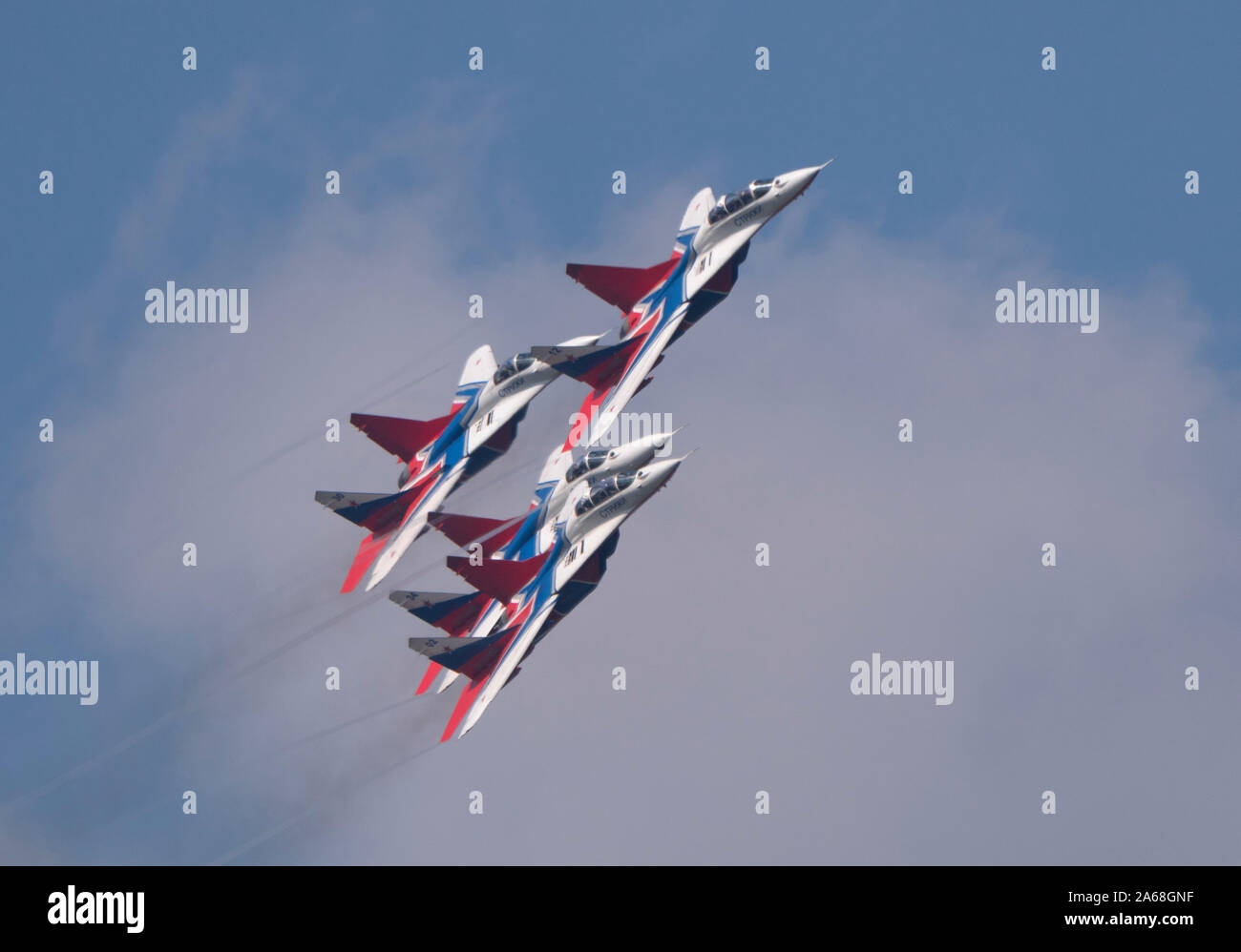 Moscow Russia Zhukovsky Airfield 31 August 2019: aerobatic team swifts MiG-29 perfoming demonstration flight of the international aerospace salon MAKS Stock Photo