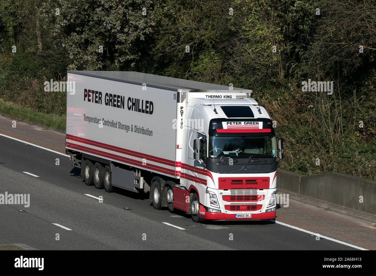 Peter Green Chilled foods temperature controlled distribution; Volvo globetrotter traveling on the M6 motorway near Preston in Lancashire, UK Stock Photo