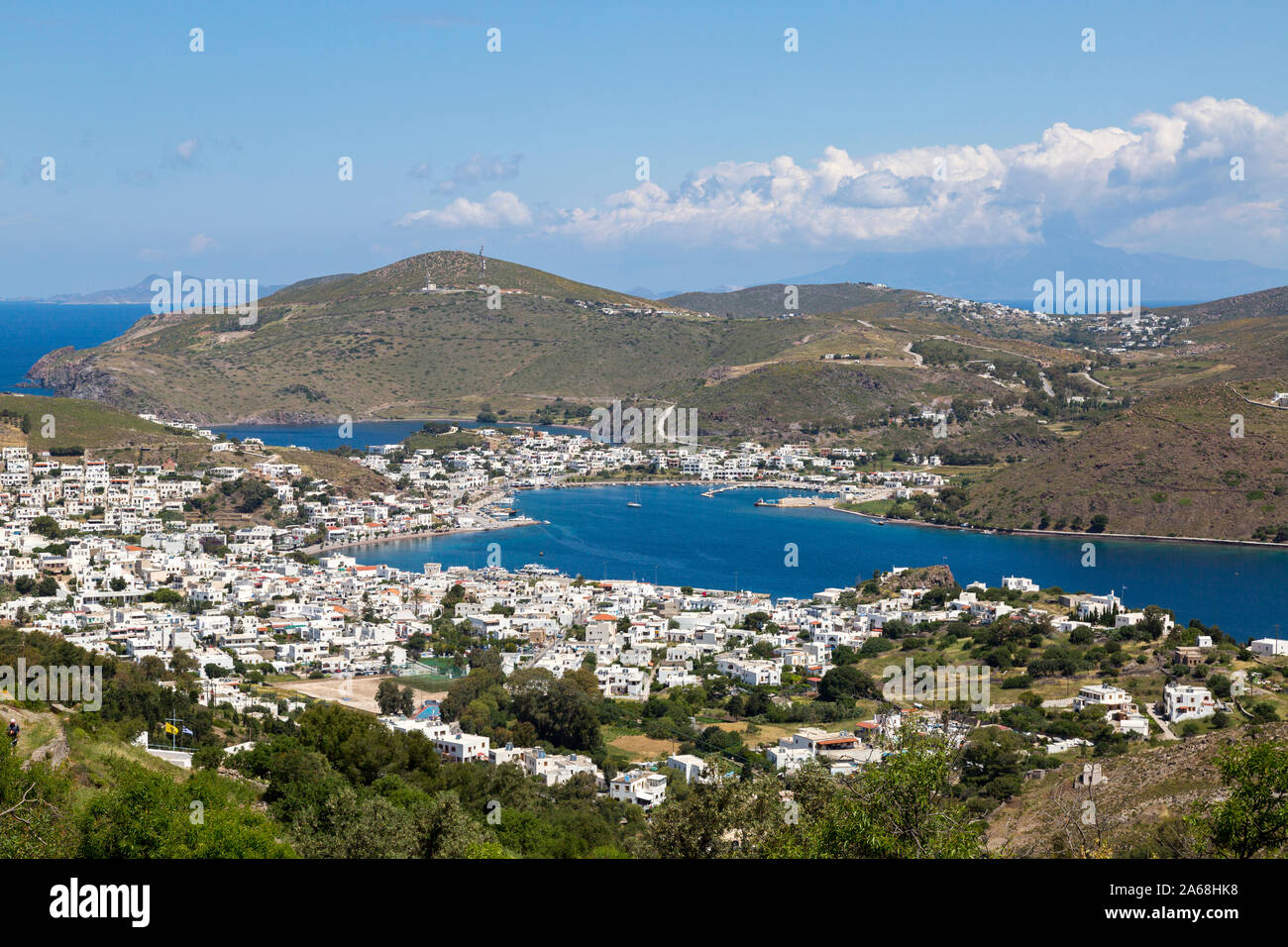 View of the harbor and town of Skala from above, on the Greek Island  ofPatmos Stock Photo - Alamy