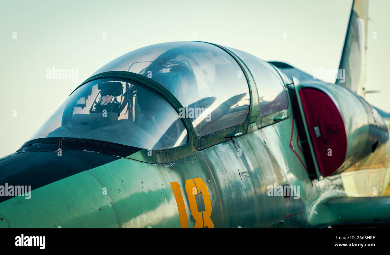 cockpit of an old russian army fighter military aircraft closeup ...