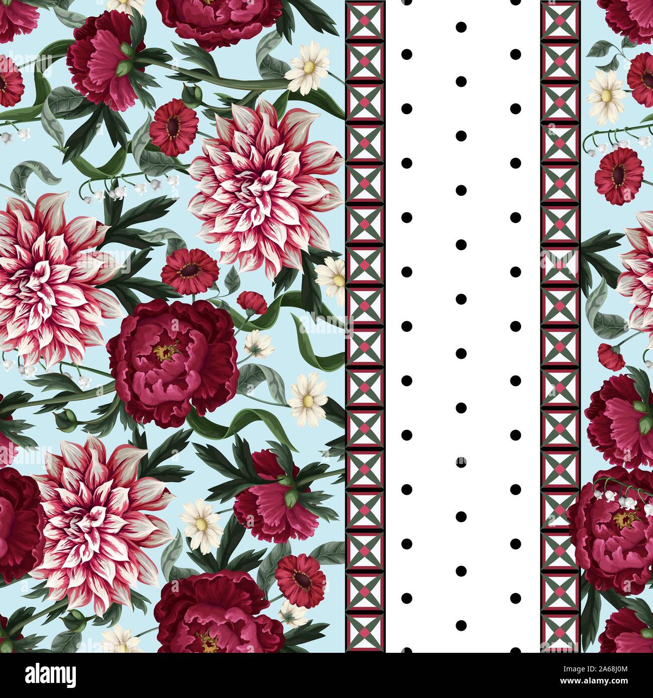 Seamless pattern with dahlia, peonies, wild flowers and geometrical elements. Vector. Stock Vector