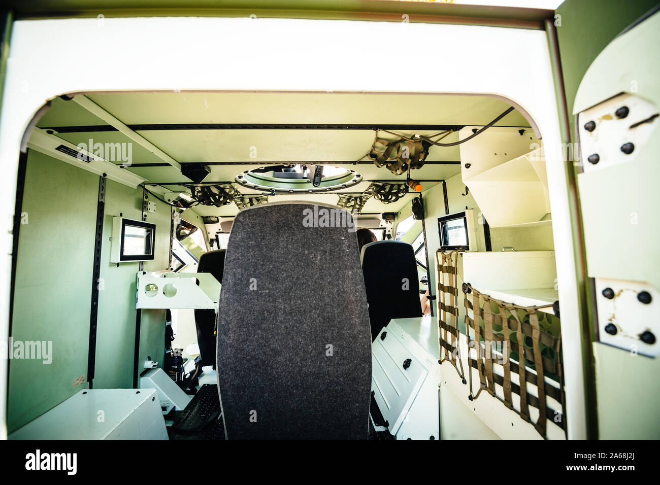 Strasbourg, France - Sep 21, 2019: Soldier seat inside French Army Petit vehicule protege Armoured Infantry Fighting Vehicle Manufactured by Panhard Stock Photo