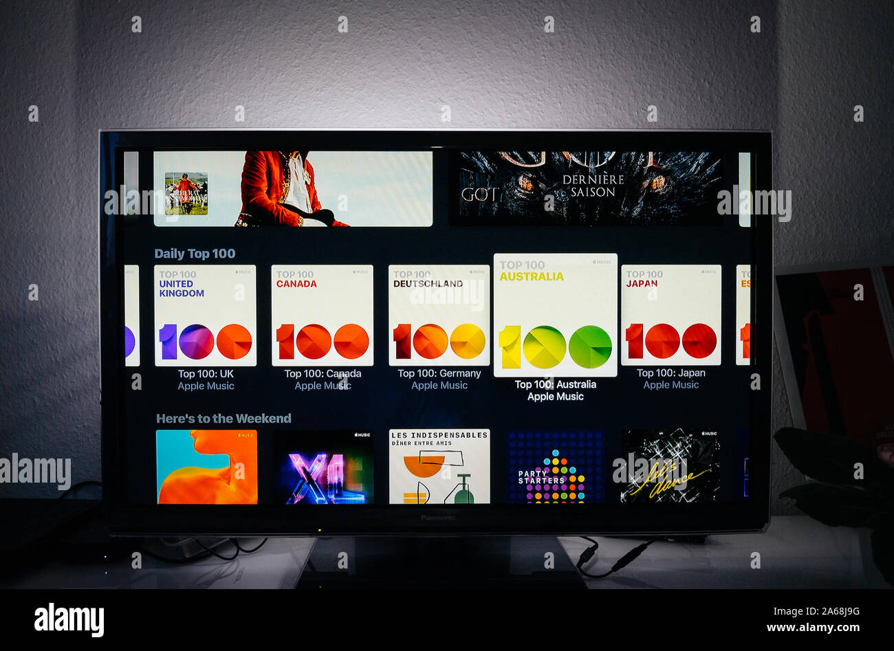 Paris, France - Circa 2019: Apple TV menu on Panasonic Plasma tv living  room with top 100 list charts USA, United Kingdom, Australia, Canada, Japan  playlist by Apple Music Stock Photo - Alamy