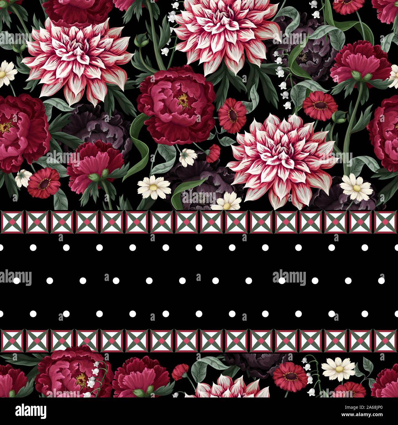 Seamless pattern with dahlia, peonies, wild flowers and geometrical elements. Vector. Stock Vector