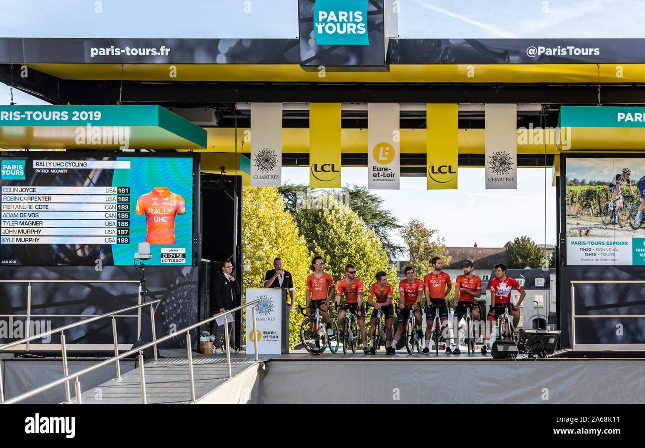 Chartres, France - October 13, 2019: Team Rally UHC Cycling is on the podium in Chartres, during the teams presentation before the autumn French cycling race Paris-Tours 2019 Stock Photo