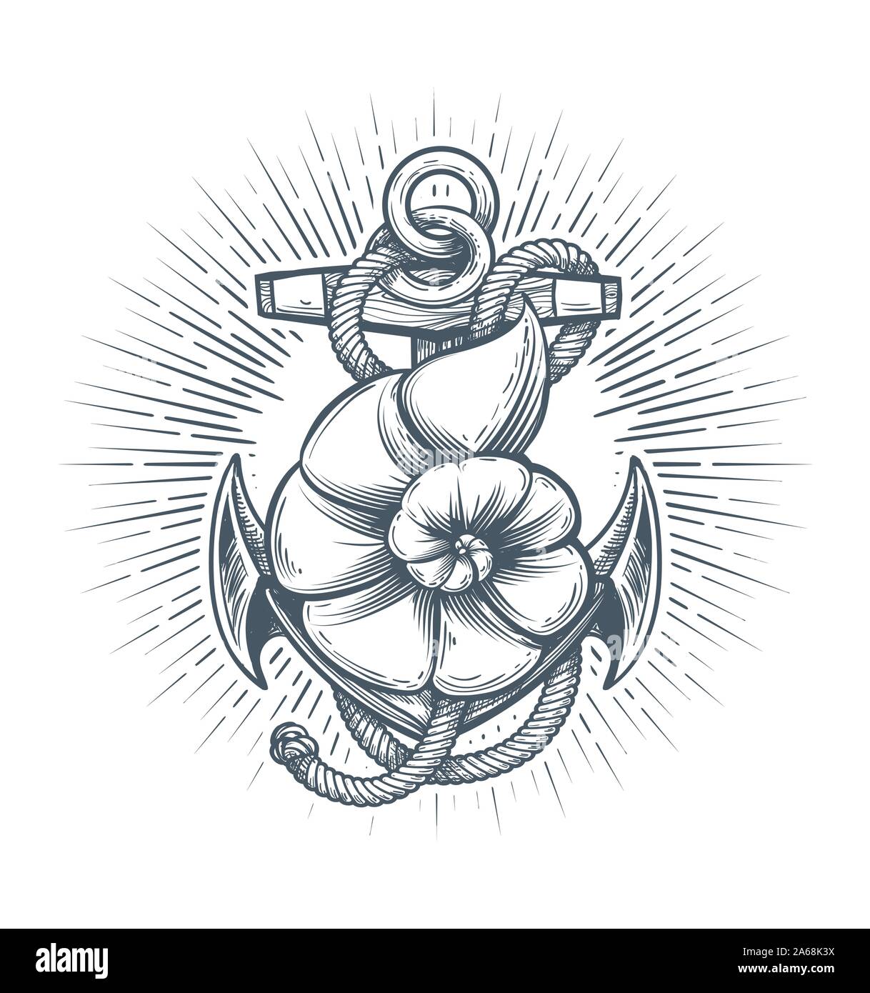 Retro Emblem of Anchor with Seashell drawn in tattoo style. Vector illustration. Stock Vector
