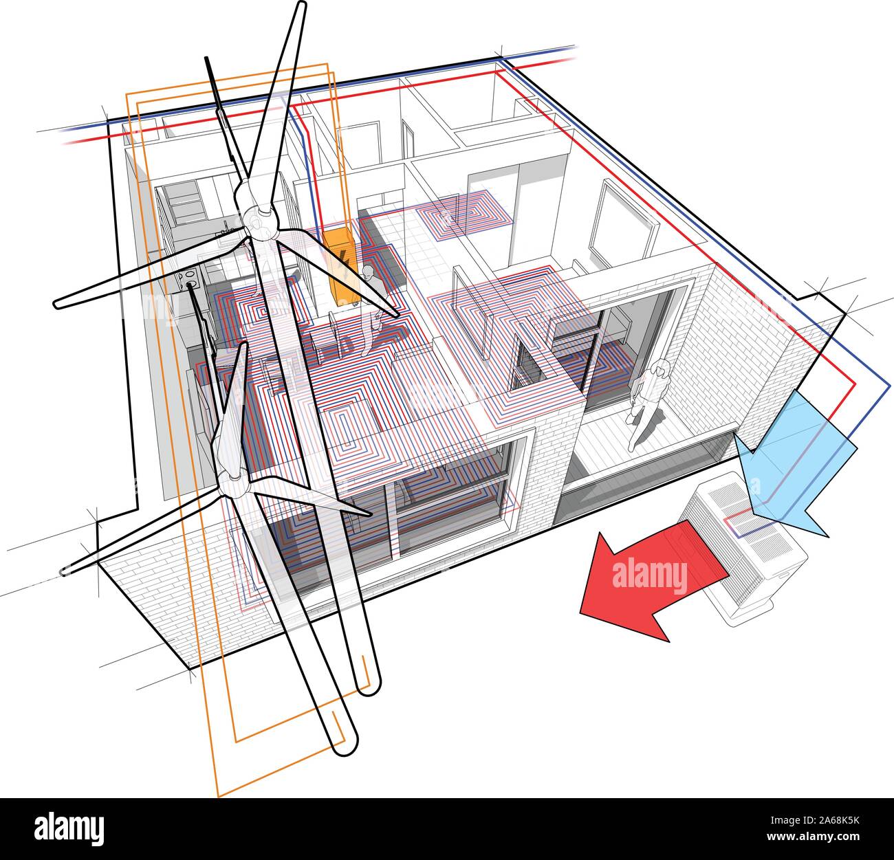 Perspective cutaway diagram of a one bedroom apartment completely furnished with hot water floor heating and air source heat pump with central heating Stock Vector