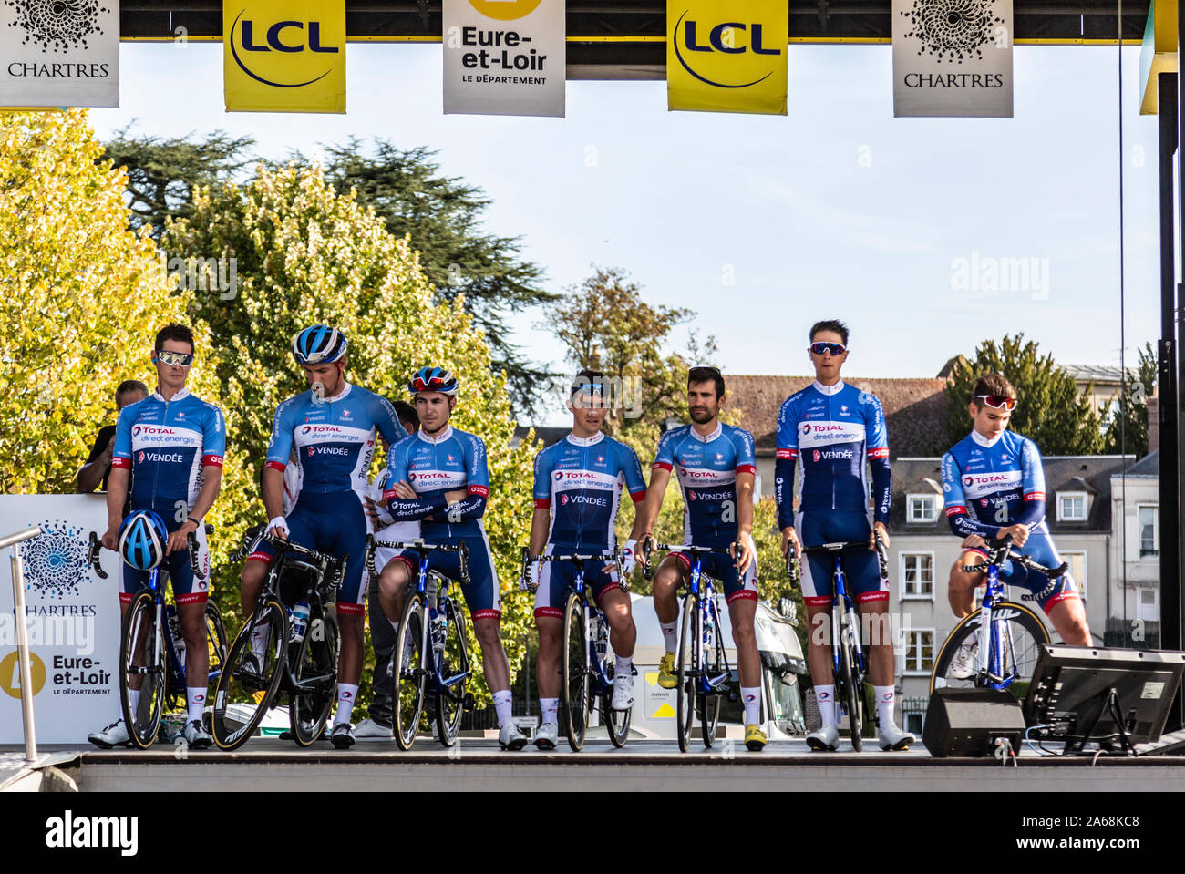 Chartres, France - October 13, 2019: Team Total Direct Energie is on the  podium in Chartres, during the teams presentation before the autumn French  cycling race Paris-Tours 2019 Stock Photo - Alamy