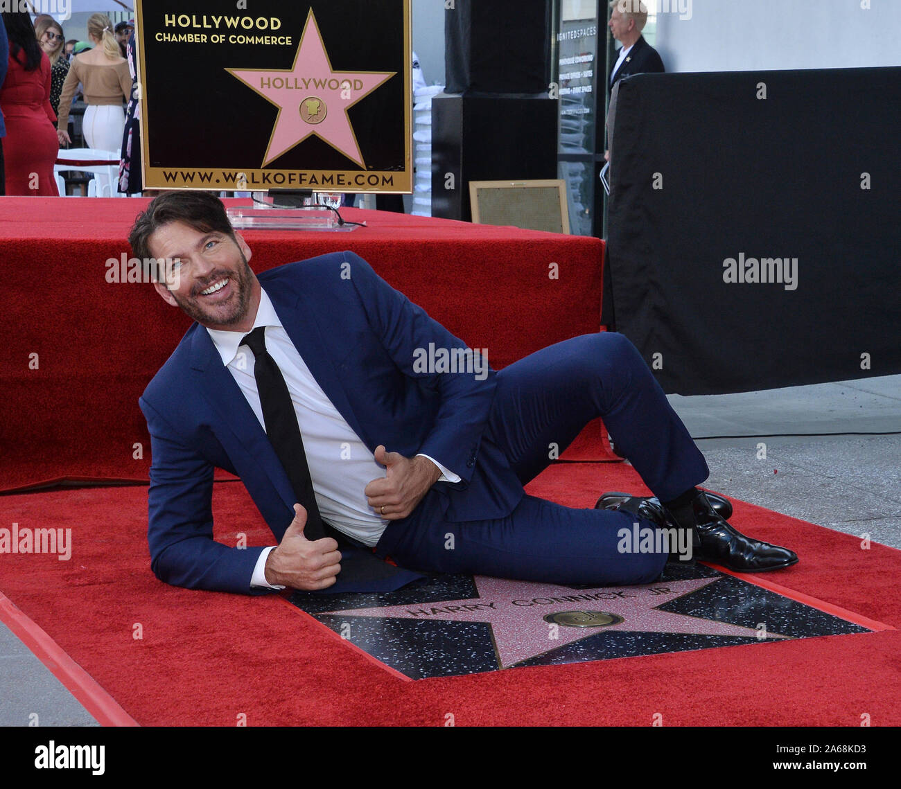 Los Angeles, United States. 24th Oct, 2019. Grammy and Emmy-award winning American singer, composer, actor, and television host Harry Connick Jr. lies beside his star during an unveiling ceremony honoring him with the 2,678th star on the Hollywood Walk of Fame in Los Angeles on Thursday, October 24th, 2019. Connick's star is next to Cole Porter, one of his favorite songwriters. Photo by Jim Ruymen/UPI Credit: UPI/Alamy Live News Stock Photo