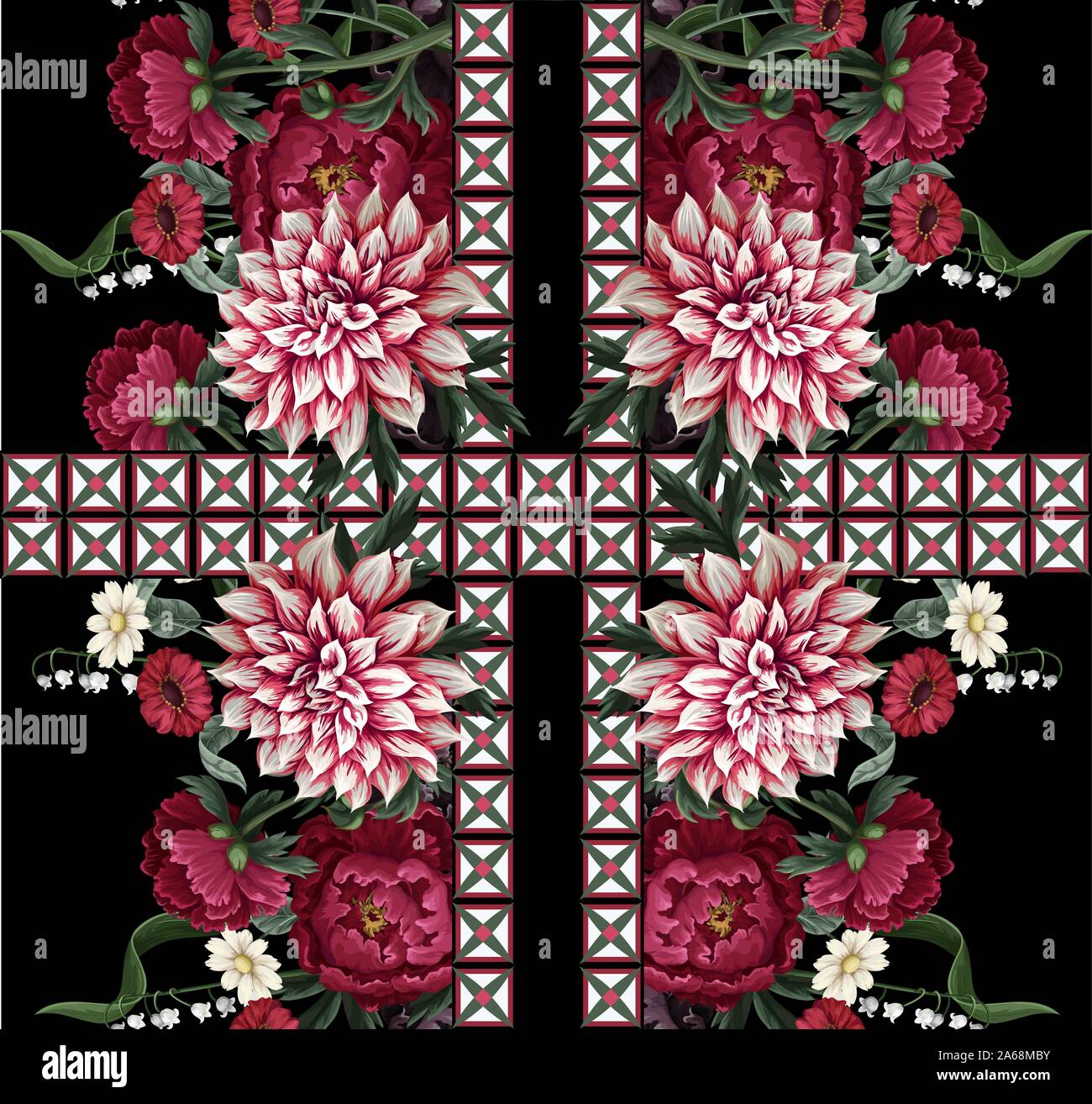 Seamless pattern with dahlia, peonies, wild flowers and geometrical elements. Vector. Stock Vector