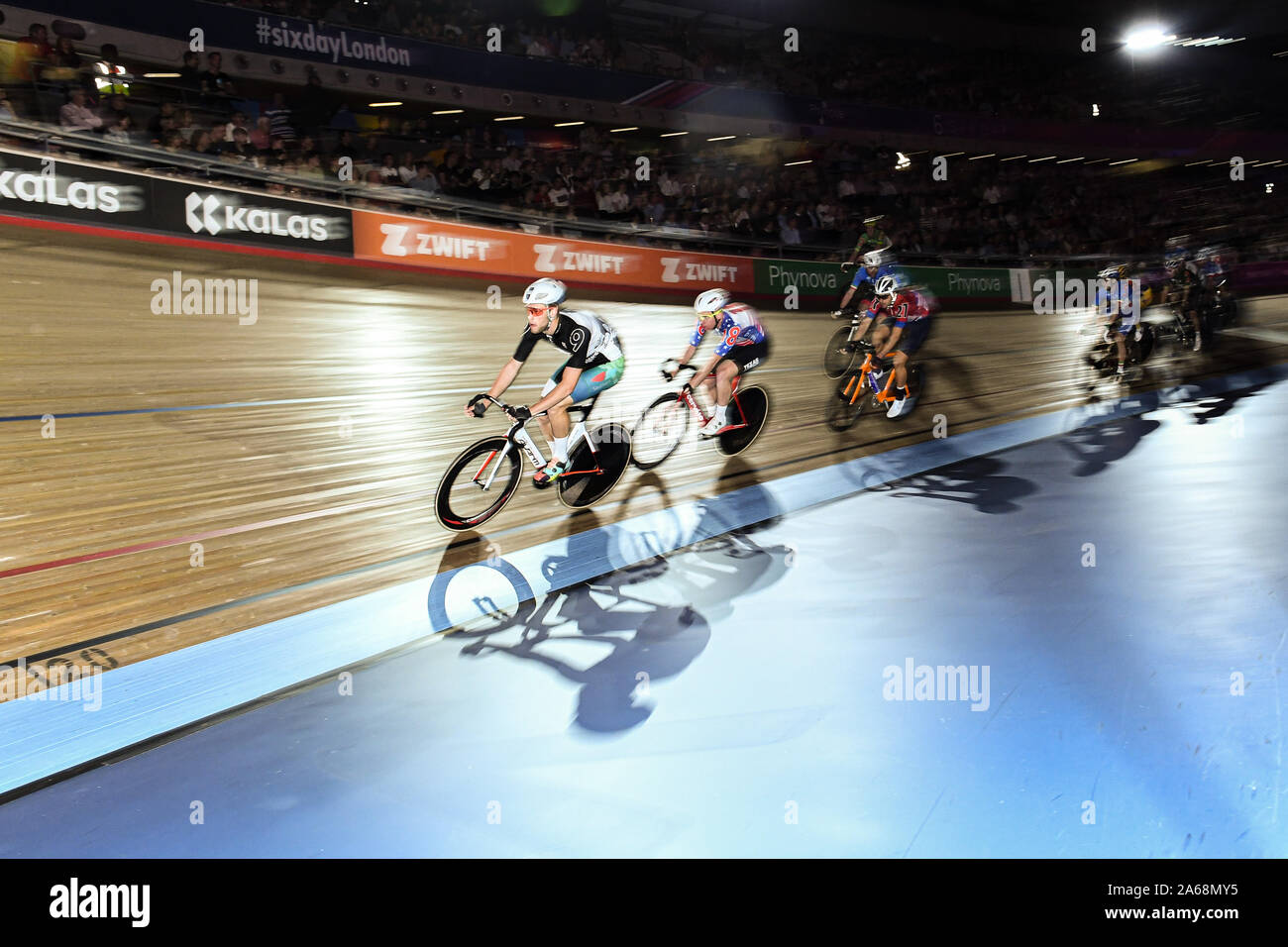 LONDON, UNITED KINGDOM. 24th Oct, 2019. Stephen Hall and Zack Gilmore (Australia) compete in Mens Elimination race during Day 3 of Six Day London 2019 at Lee Valley VeloPark on Thursday, October 24, 2019 in LONDON, UNITED KINGDOM. Credit: Taka G Wu/Alamy Live News Stock Photo