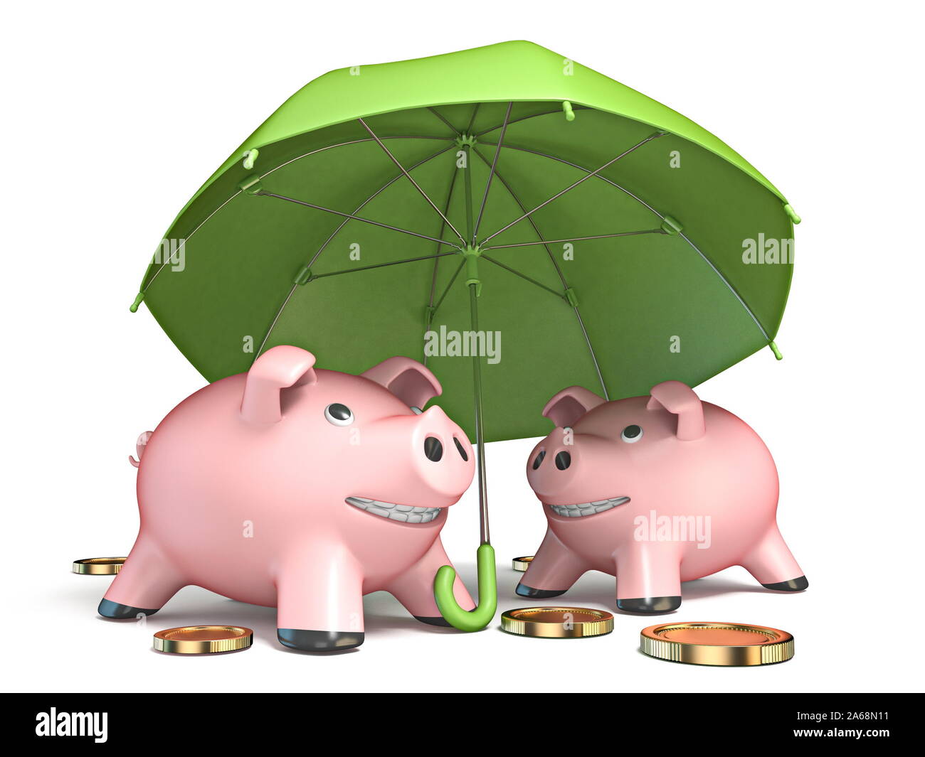 Piggy banks under umbrella 3D render illustration isolated on white ...