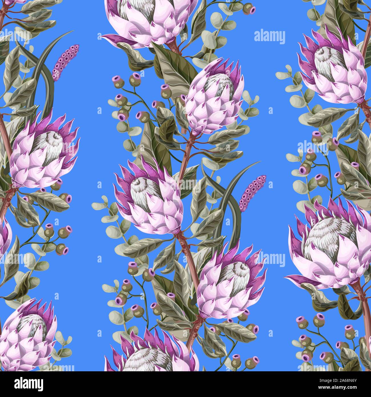 Seamless pattern with leaves, protea flowers and eucalyptus. Stock Vector