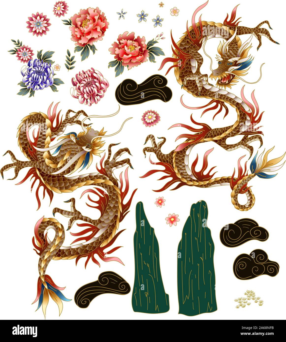 Set of Chinese traditional dragon, peonies and sakura. vector. Stock Vector
