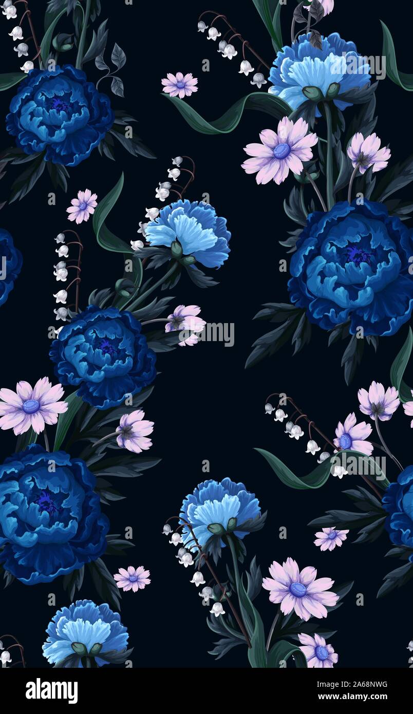 Seamless pattern with blue peonies. Vector. Stock Vector