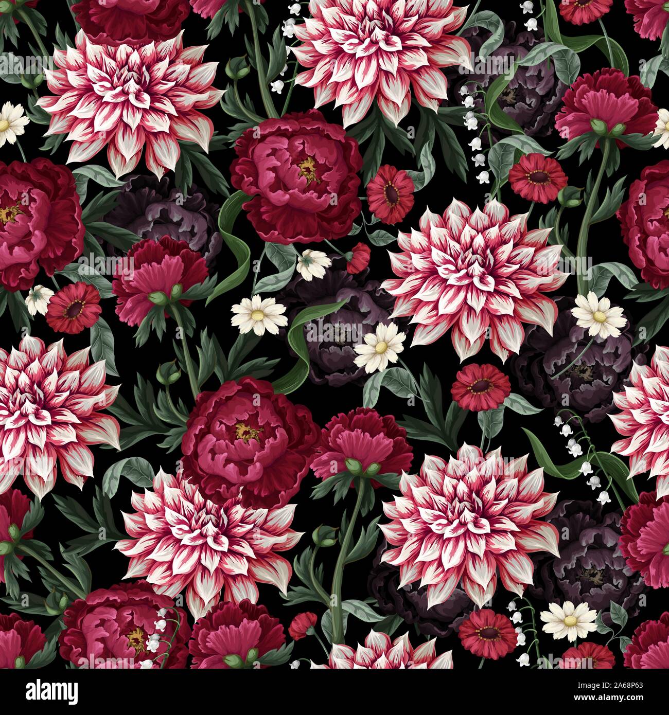 Seamless pattern with dahlia, peonies and wild flowers. Vector. Stock Vector