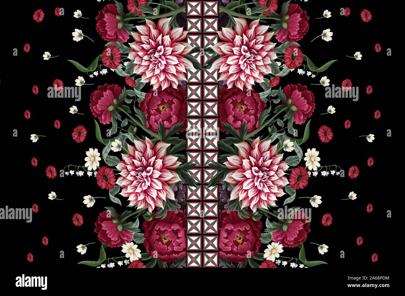 Seamless pattern with dahlia, peonies, wild flowers and geometrical elements. Vector. Stock Vector