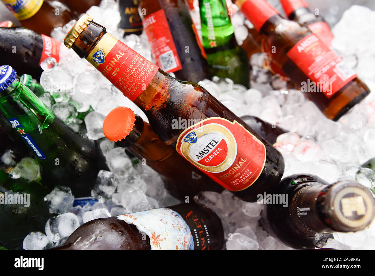Valencia, Spain - October 12, 2019: Amstel beer bottles in a bucket with ice during a catering event. Stock Photo