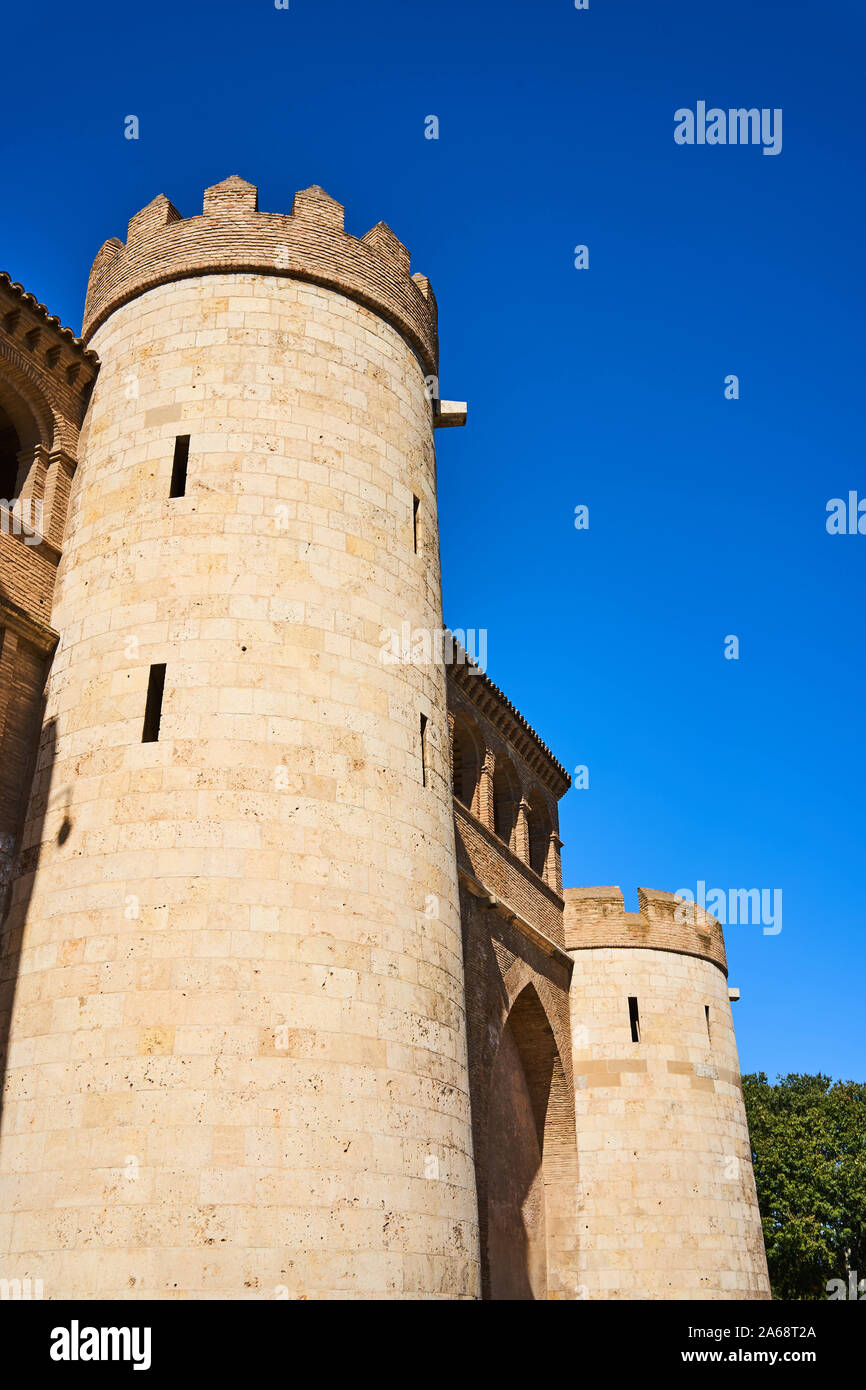 Two towers flank the gatehouse to the Aljaferia Palace, Zaragoza, Spain Stock Photo