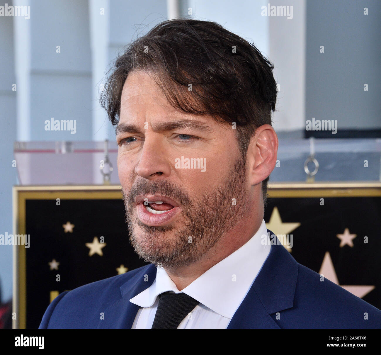 Los Angeles, United States. 24th Oct, 2019. Grammy and Emmy-award winning American singer, composer, actor, and television host Harry Connick Jr. speaks with reporters following an unveiling ceremony honoring him with the 2,678th star on the Hollywood Walk of Fame in Los Angeles on Thursday, October 24th, 2019. Connick's star is next to Cole Porter, one of his favorite songwriters. Photo by Jim Ruymen/UPI Credit: UPI/Alamy Live News Stock Photo