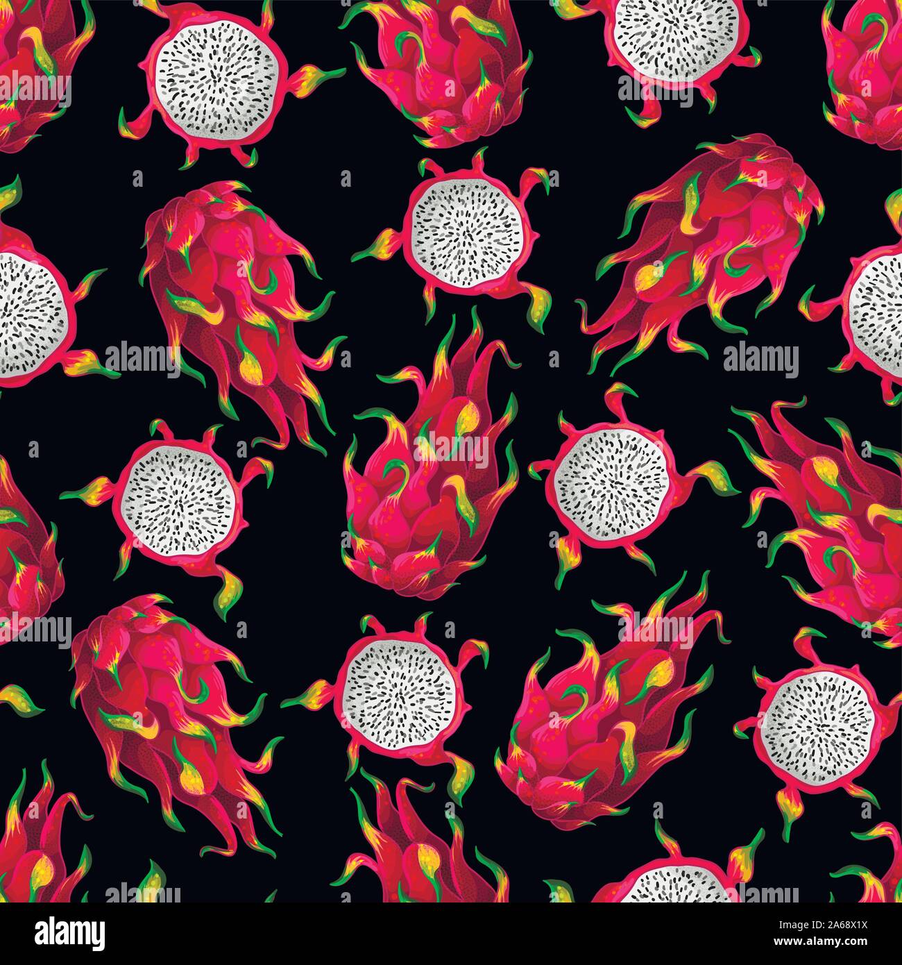 Seamless pattern with pitahaya, dragon fruit. Vector. Stock Vector