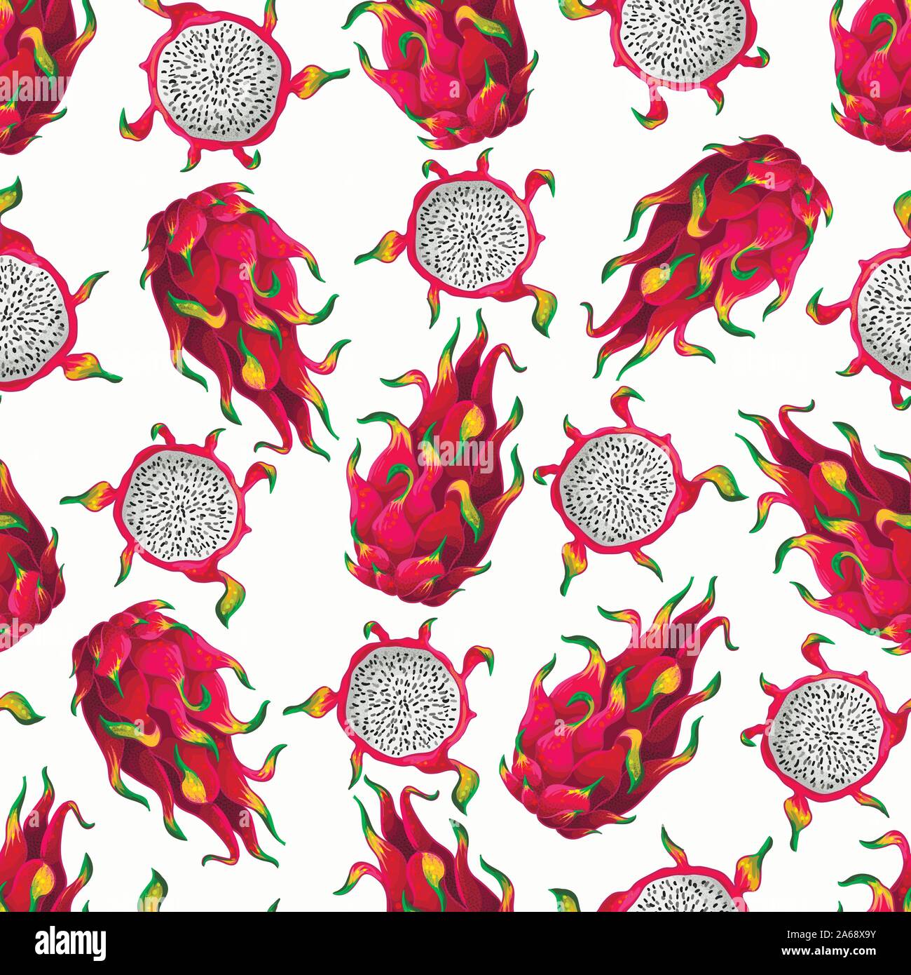 Seamless pattern with pitahaya, dragon fruit. Vector. Stock Vector