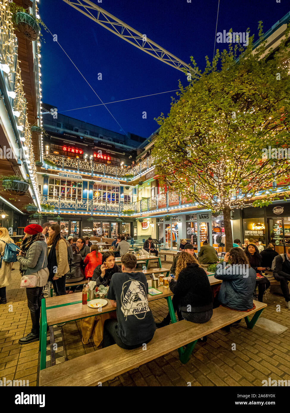Carnaby’s iconic Kingly Court, a three-storey alfresco food and dining destination in the heart of London’s West End. Stock Photo