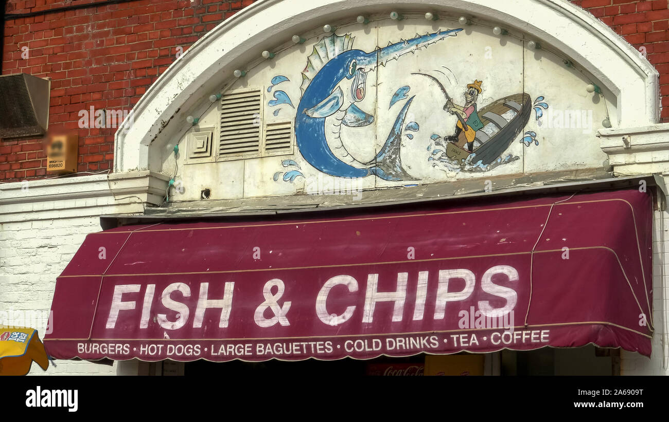 BRIGHTON, ENGLAND OCTOBER, 4 2017 a fish and chip shop facade at
