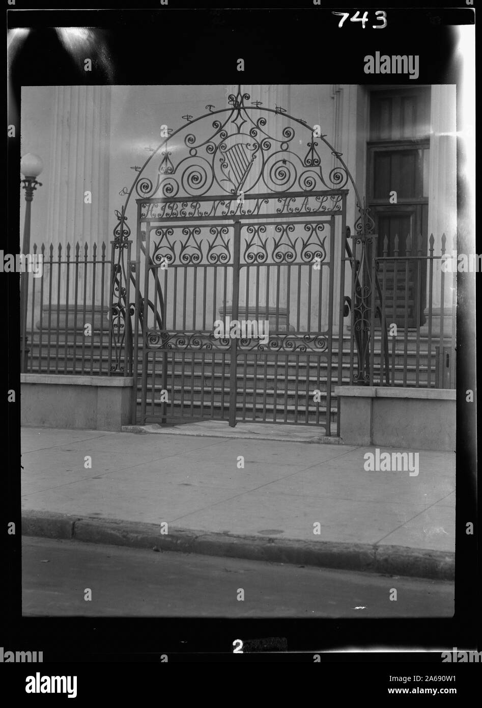 Wrought iron gate of the Hibernian Hall, 105 Meeting Street, Charleston, South Carolina Stock Photo