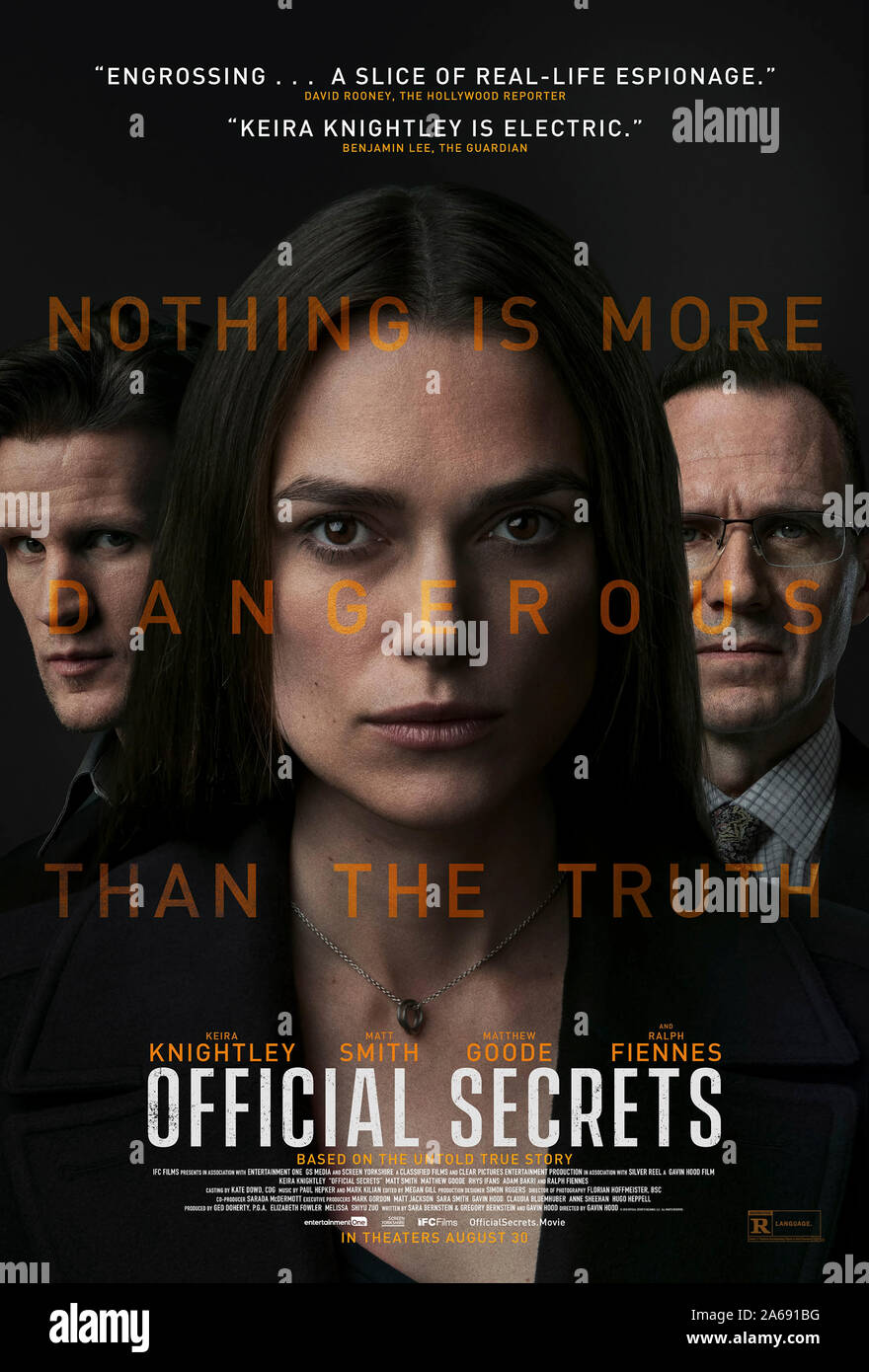 Official Secrets (2019) directed by Gavin Hood and starring Keira Knightley, Matthew Goode, Ralph Fiennes and Matt Smith. True story about a National Security Agency plot in the run up the 2003 invasion of Iraq being leaked to the press. Stock Photo