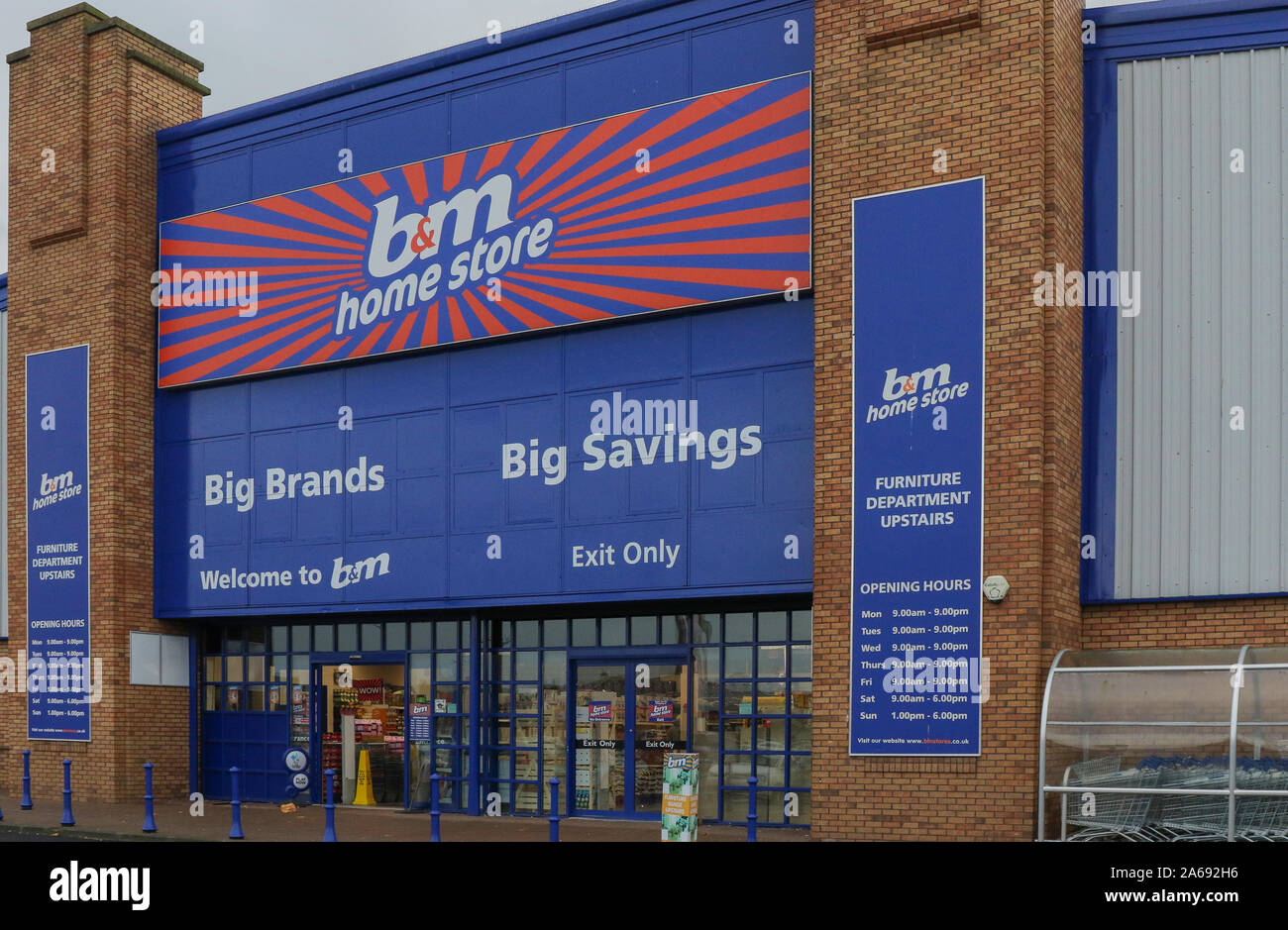 Front of B&M home store building with b7m signage branding and advertising. Stock Photo