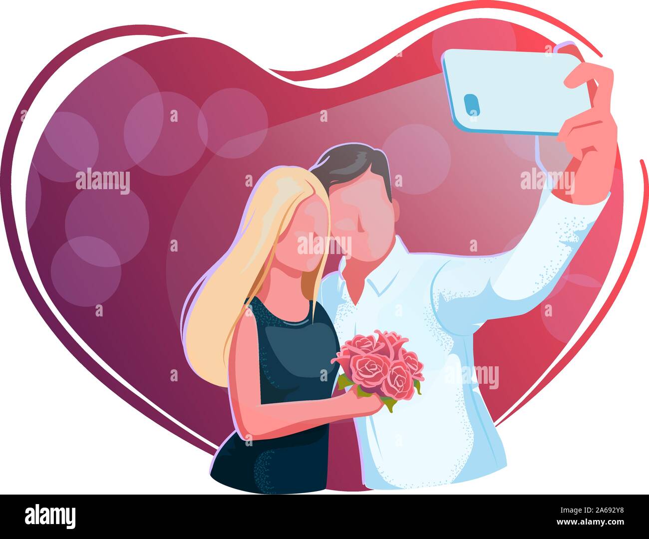 Beautiful young couple taking selfie on date. Valentine day, guy and girl with roses make relfie on a red background. Love, engagement, wedding concept. Love heart frame. Romantic celebration design. Stock Vector