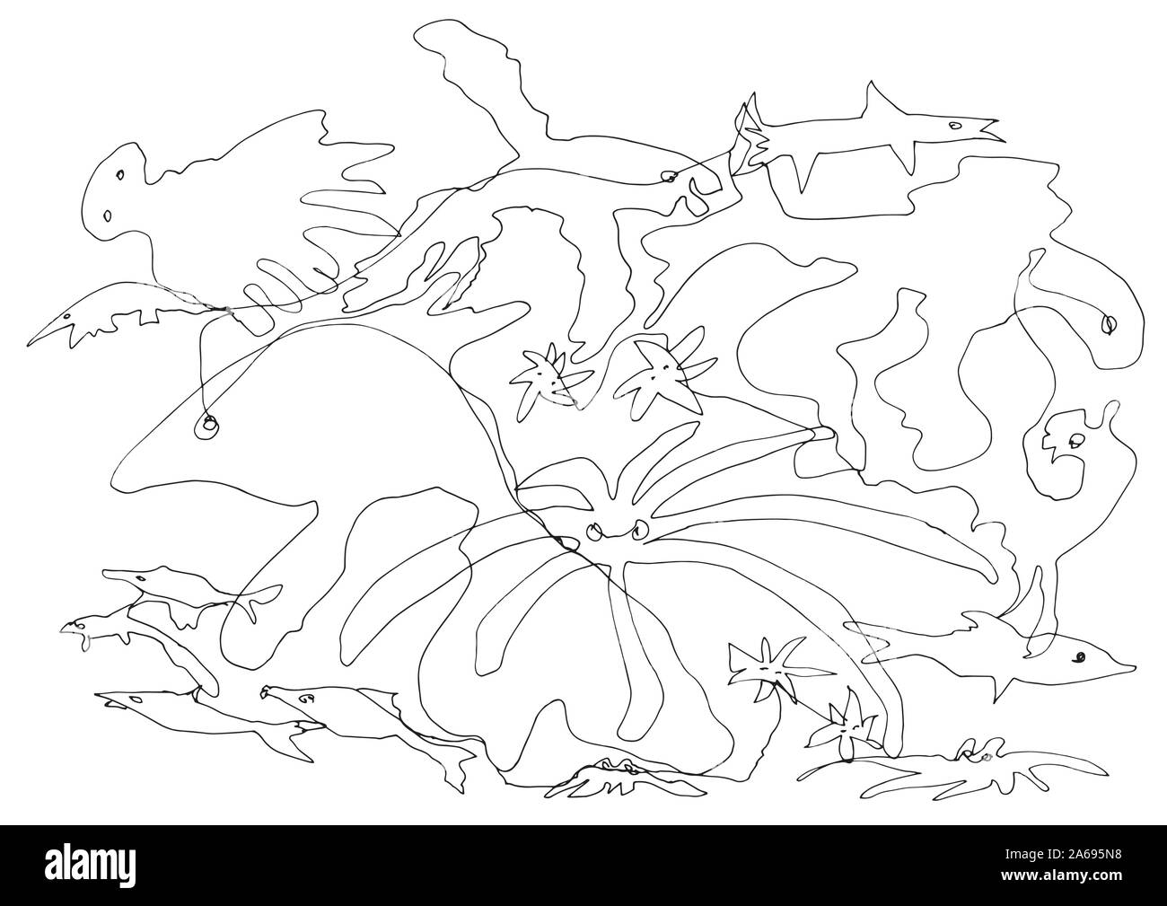 A unique line art drawing underwater life. Ready to color decorative work of art can be used as a greeting card, background, decorative fabric pattern. Stock Vector