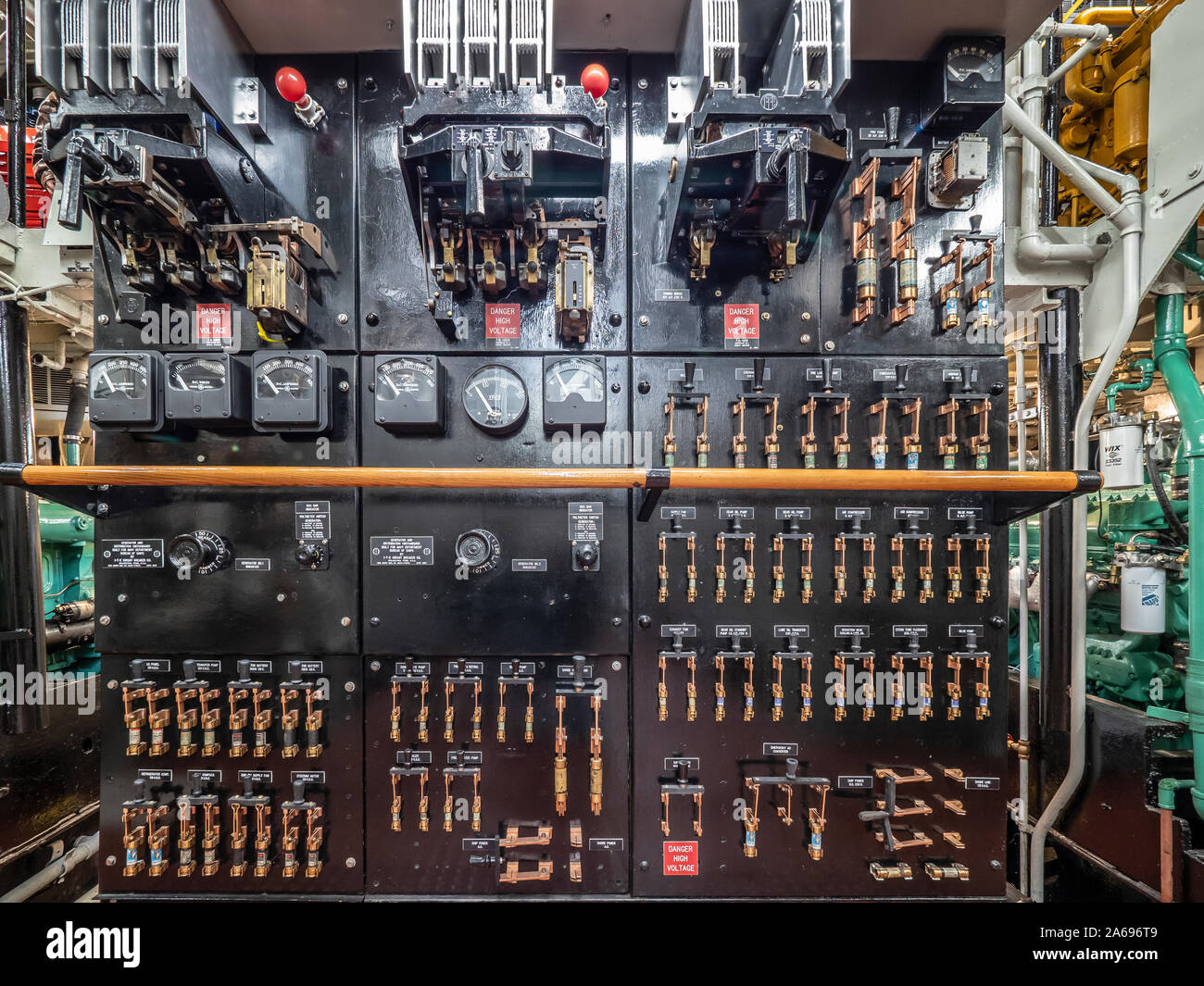 Electrical panel, engine room, John Purves tugboat, Door County Maritime Museum, Sturgeon Bay, Wisconsin. Stock Photo
