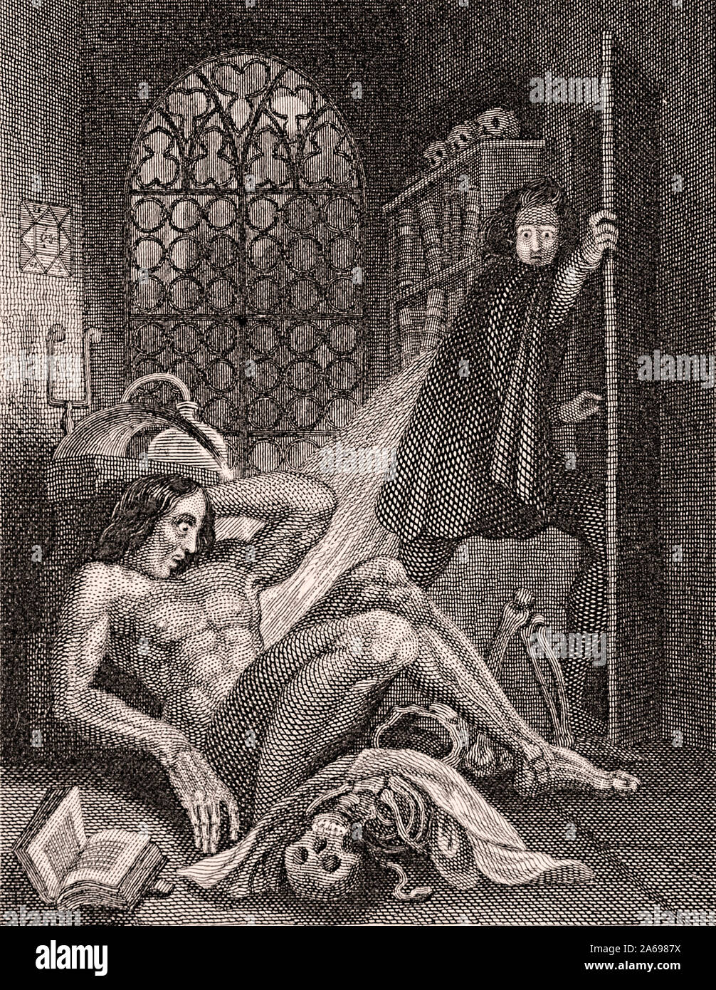 Victor Frankenstein becoming disgusted at his creation. Illustration from the frontispiece of the 1831 edition. Stock Photo