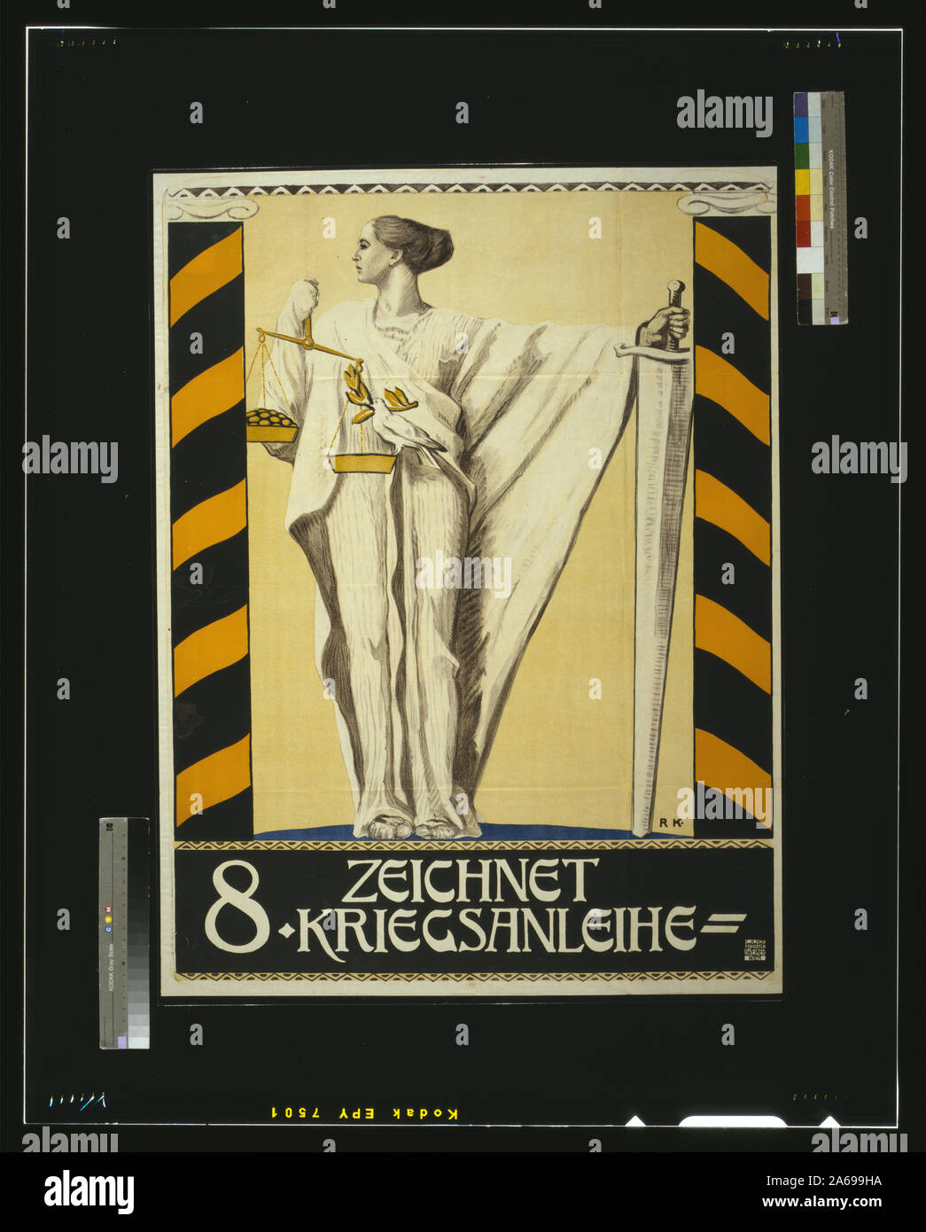 Zeichnet 8. Kriegsanleihe Abstract: Poster shows a classical figure of a woman holding a sword in one hand and a scale of justice in the other. One side of the scale has a dove of peace, which is heavier than the side which contains coins. Text: Subscribe to the 8th War Loan. Stock Photo