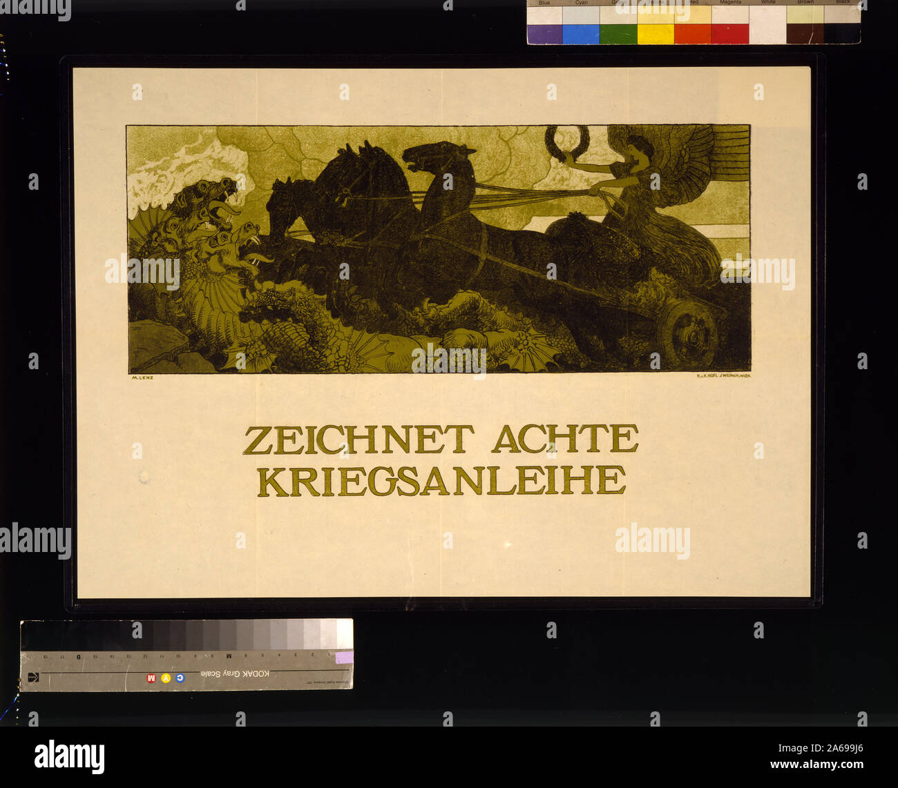 Zeichnet achte Kriegsanleihe Abstract: Poster shows a winged goddess, in a chariot pulled by four horses, holding a laurel wreath as she crushes three dragons. Text: Subscribe to the 8th War Loan. Stock Photo