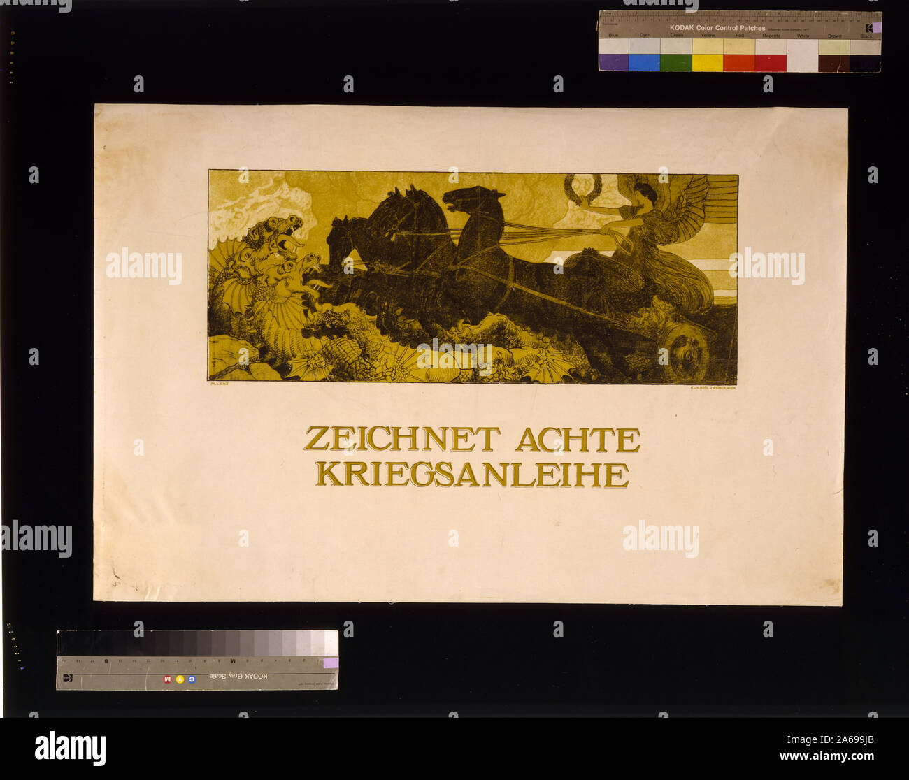 Zeichnet achte Kriegsanleihe Abstract: Poster shows a winged goddess, in a chariot pulled by four horses, holding a laurel wreath as she crushes three dragons. Text: Subscribe to the 8th War Loan. Stock Photo
