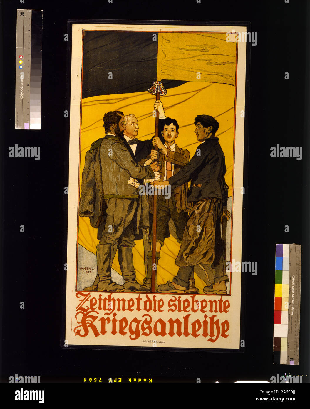 Zeichnet die siebente Kriegsanleihe Abstract: Poster shows four men, representing various classes of Austrian society - professional, laborer, farmer, and student() --, holding a flag pole. Text: Subscribe to the 7th War Loan. Stock Photo