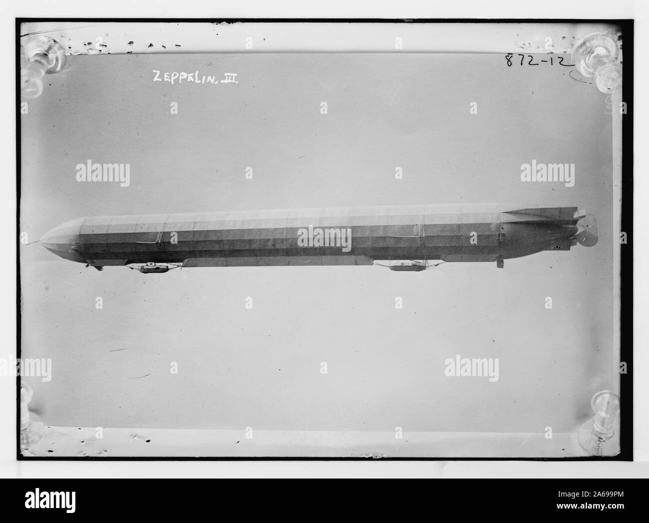 The German Zeppelin (airship) probably LZ 12 (military number: Z III) (April 25, 1912 to August 1, 1914) with incorrect year from Library of Congress. If the 1907 date is correct then this can only be the LZ3 (military number: Z I) with a rudder added after its first flights (but was LZ3 ever modified that way). Other possibilities: LZ 4 (June 20, 1908 to 4 August 1908) had a rudder; LZ 6 (August 25, 1909 to 1910). This is the original unmodified, but ZIP compressed, high resolution TIFF from the Library of Congress archive. Original information from Library of Congress source: Original file h Stock Photo