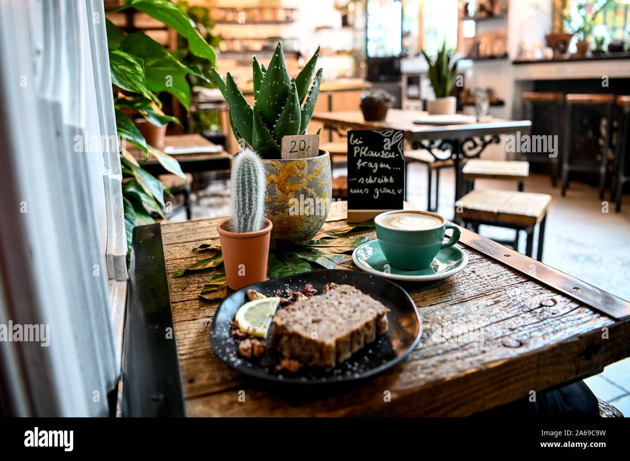 Berlin, Germany. 24th Oct, 2019. Coffee, cake and houseplants are all on  one table at Caf "The Greens". (To Korr " Green and chic: Young city  dwellers let plant market boom" of