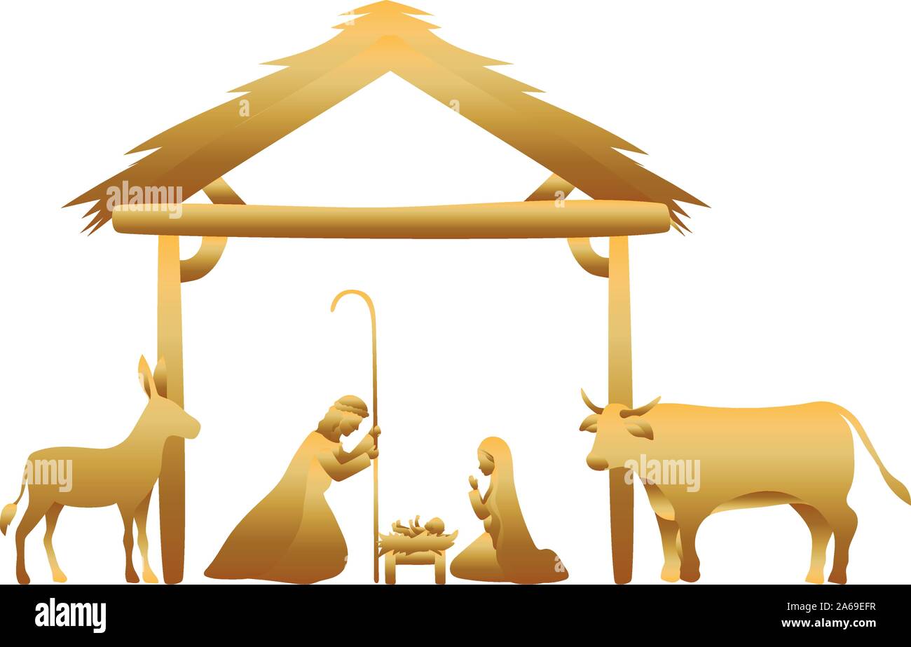 golden holy family in stable with animals manger Stock Vector Image ...