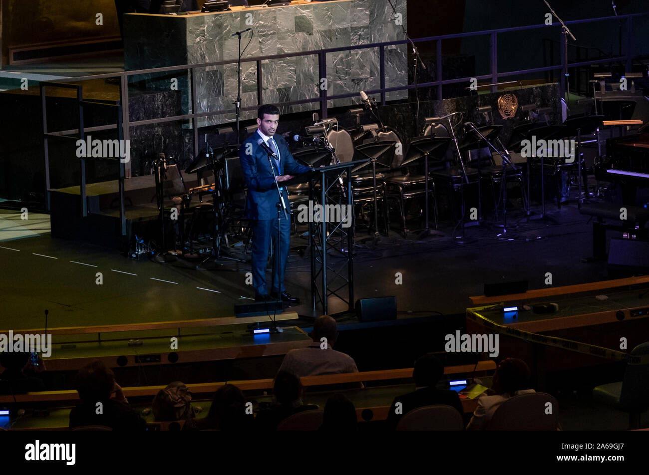 New York, NY - October 24, 2019: Qatar Secretary-General Supreme Comittee for Delivery & Legacy Hassan Al-Thawadi addresses audience during UN Day Concert 2019 at UN Headquarters Stock Photo