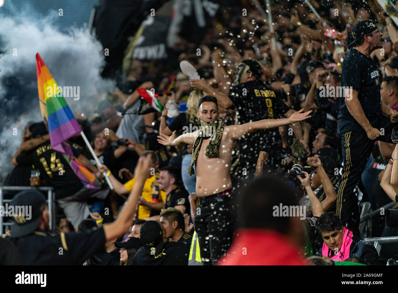 Los Angeles, USA. 24th Oct. 2019. LAFC fans celebrate the first goal of the game in the Western Conference Semifinal. Credit: Ben Nichols/Alamy Live News Stock Photo