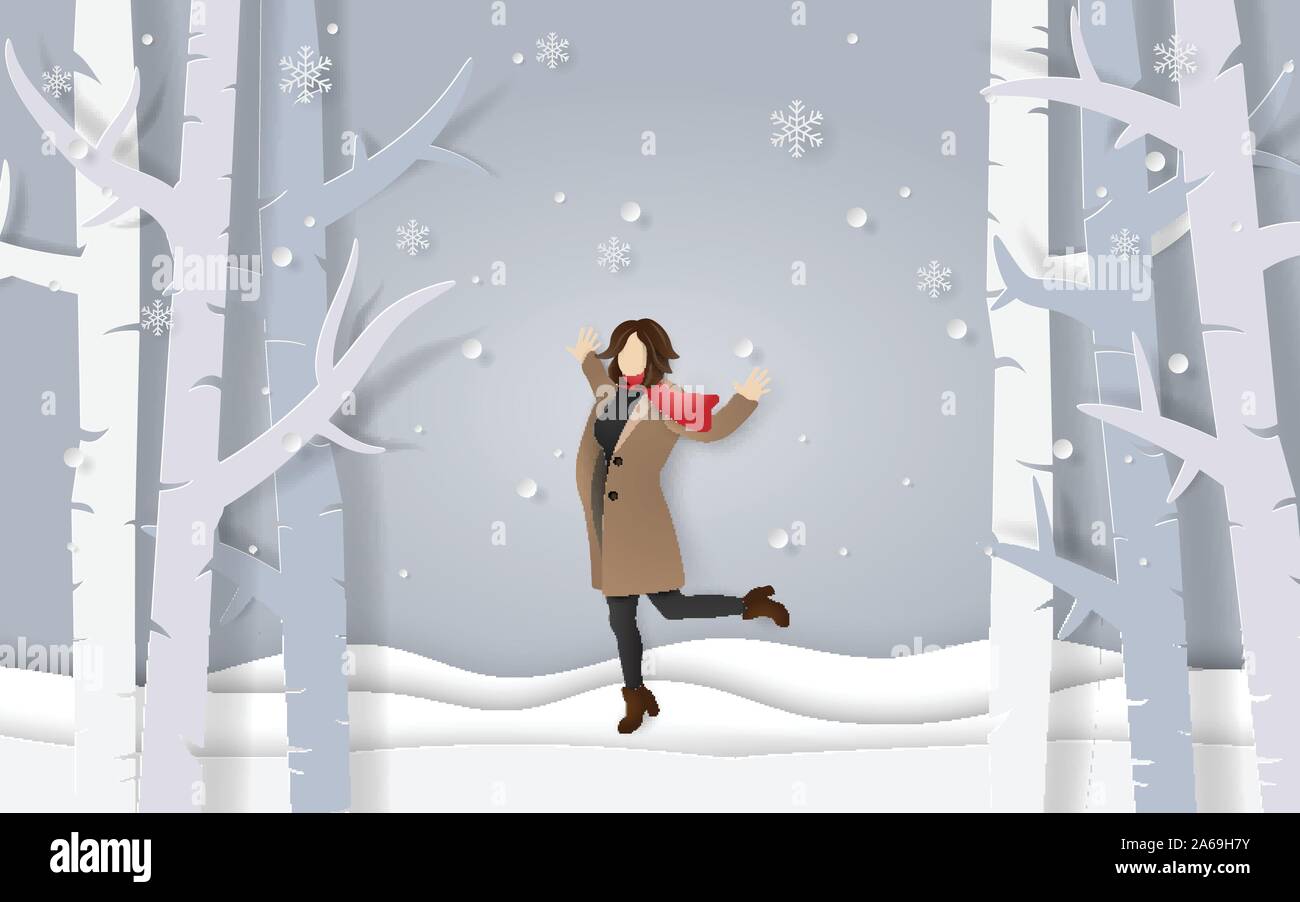 Paper art and craft style of winter season, A happy woman wearing clothes and scarf standing on snow floor with snowing in the forest, welcome winter Stock Vector