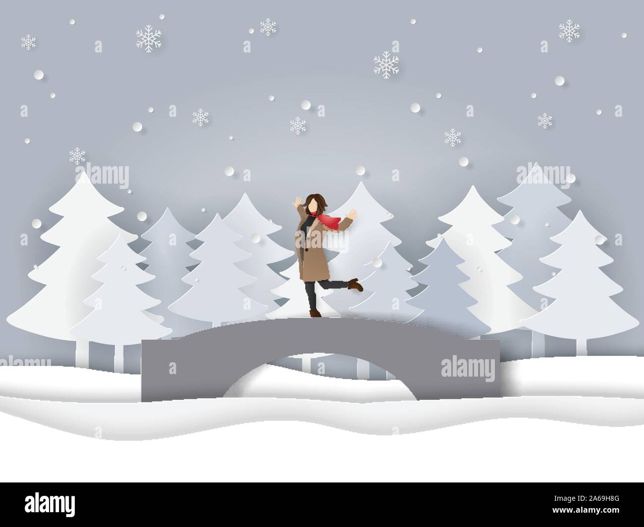 Paper art and craft style of winter season, A happy woman wearing clothes and scarf standing on the bridge with snowing, welcome winter season Stock Vector